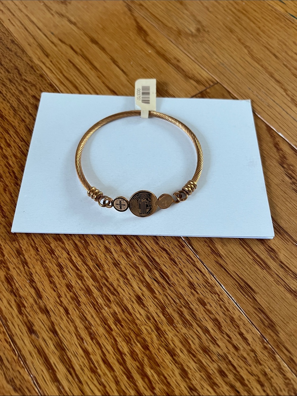 St. Benedict Bangle Warm Gold-Tone Twisted Wire Medallion Bangle Bracelet